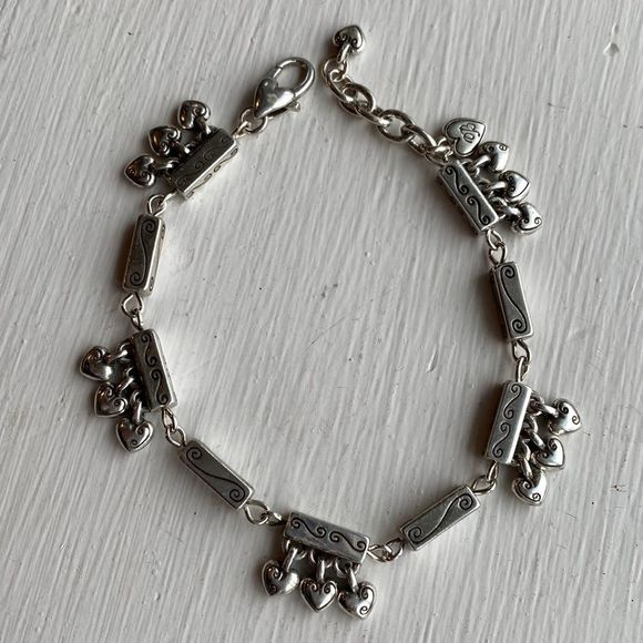 Brighton Jewelry - Brighton vintage silver dangle heart charms rectangle link bracelet